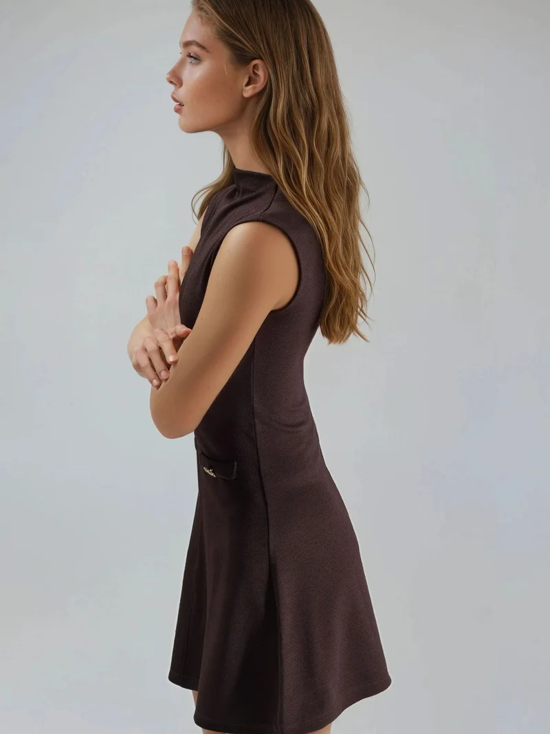 Busem Coffee Brown BUSEM Mini Dress with Stand Collar and Pocket Detail for Women | Best Price UAE